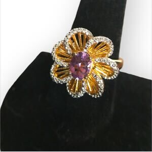 LENOX 925 sterling crystal flower cocktail ring Size 10 - faux amethyst, signed